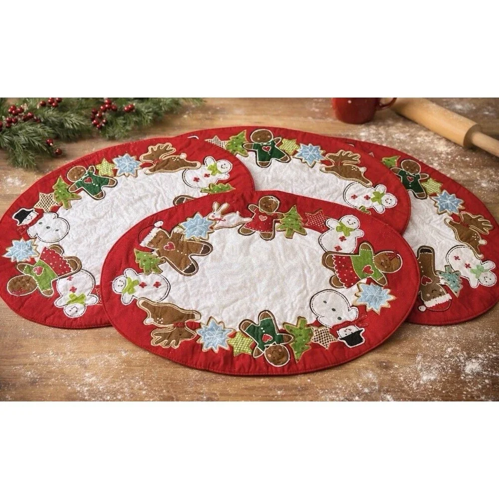 Set of 4 St Nicholas Square Christmas GINGERBREAD Oval Placemats 18 x 12 Cotton